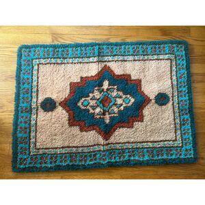 Vintage MCM Geometric Latch Hook Aztec Rug Wall Hanging Decor 28x39 Shag